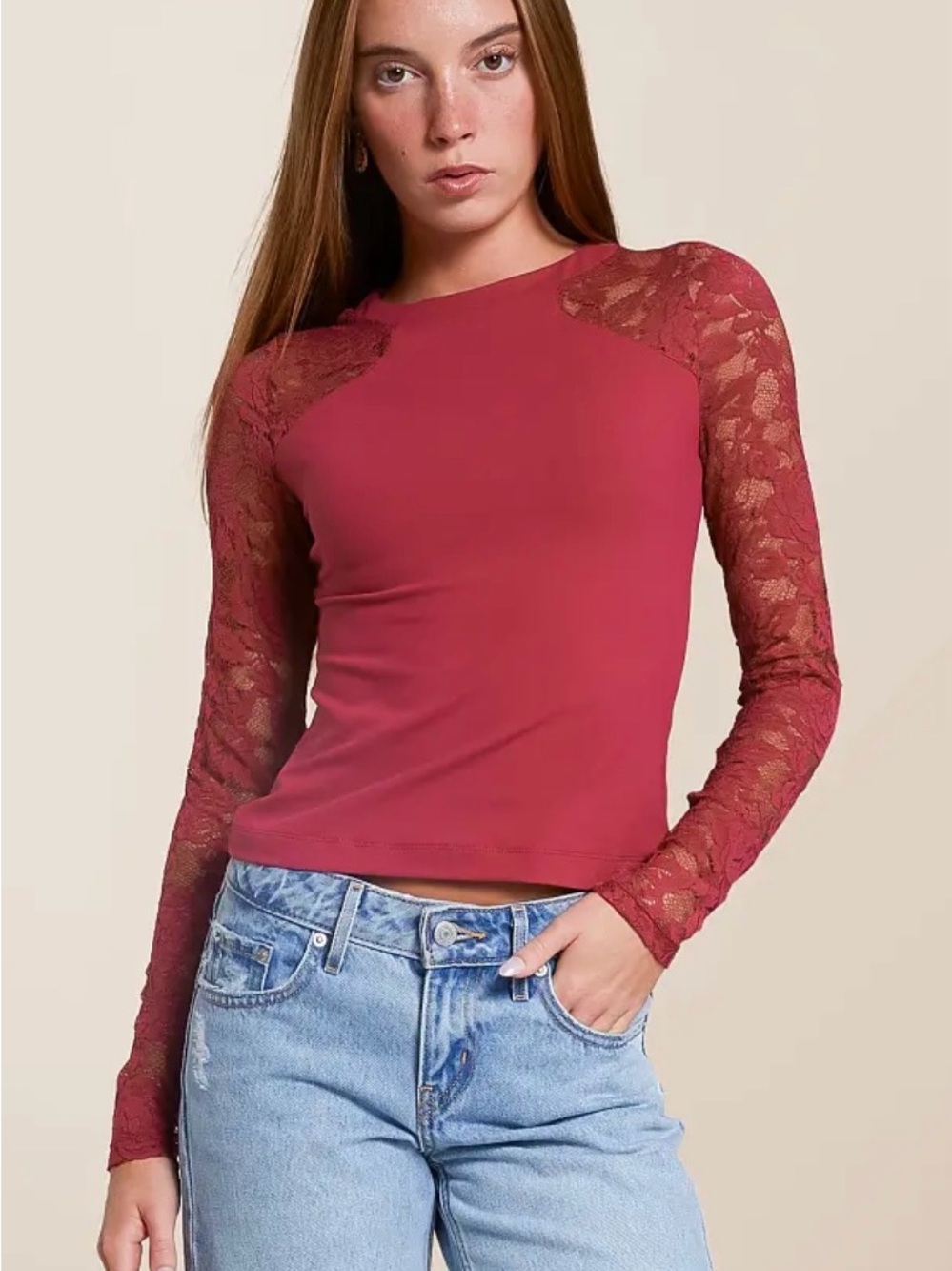 Free People Raspberry Lace-Sleeve Long Sleeve Top